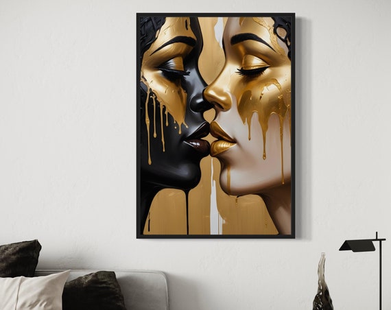 Golden Kiss Canvas Dripping Metallic Lovers Portrait Sensual Face To Art Modern Glam Statement Wall Print