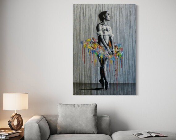 Graffiti Ballerina Canvas Urban Blackwhite Ballet Dance Artwork With Splash Of Vibrant Color Street Art Style Expressive Modern Piece