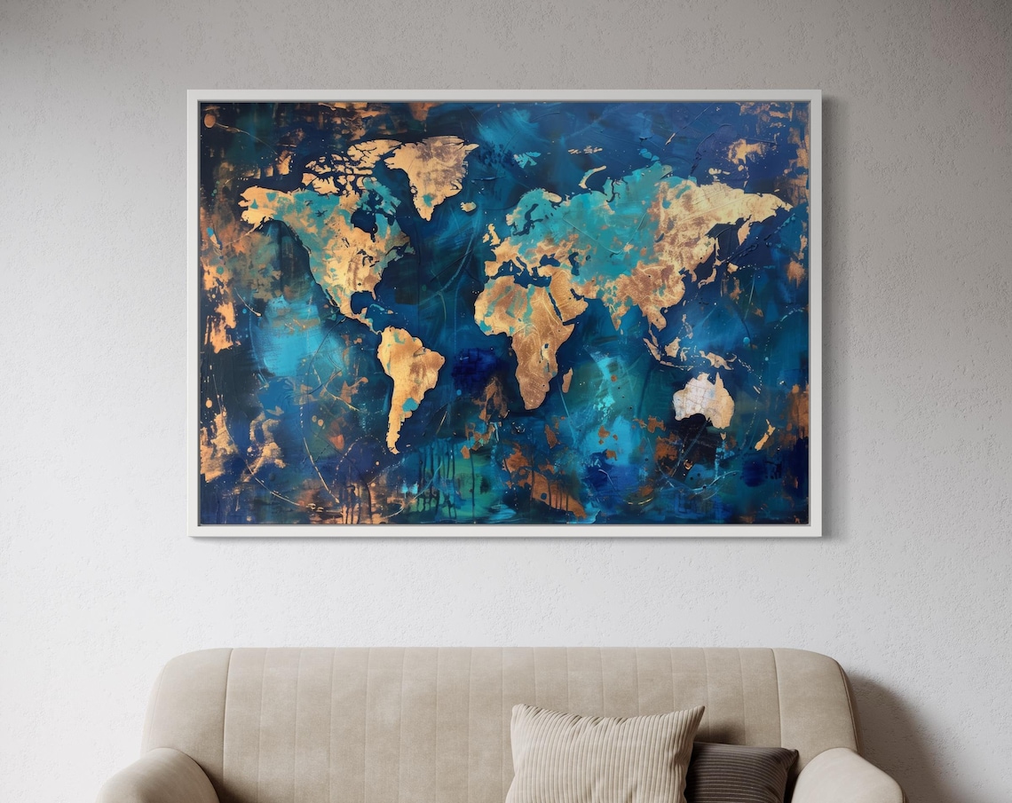 Teal And Gold World Map Abstract Art Print