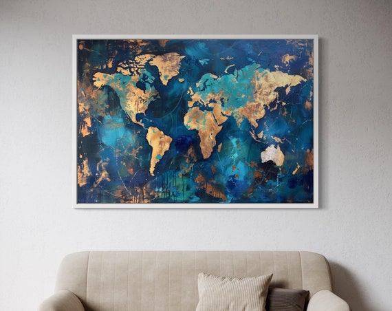 Teal And Gold World Map Abstract Art Print