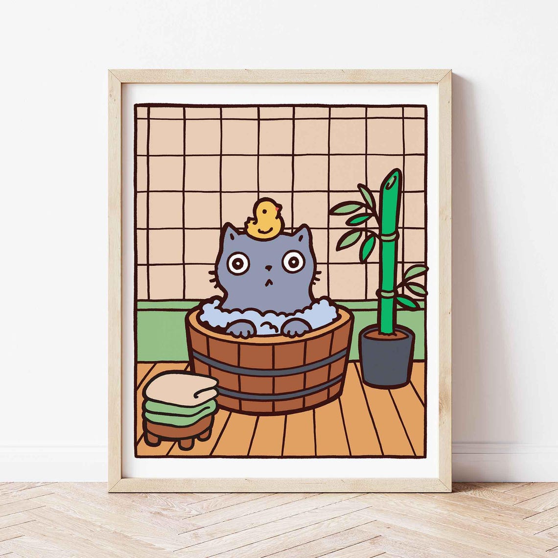 Grey Cat Soaking in a Wooden Japanese Onsen Bath Funny Poster