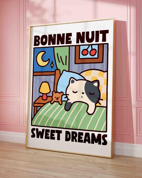 Bonne Nuit Sweet Dreams Cat Print Cute Quirky Black And White Mom Gift Kids Bedroom Poster Shipped Wall Art Retro