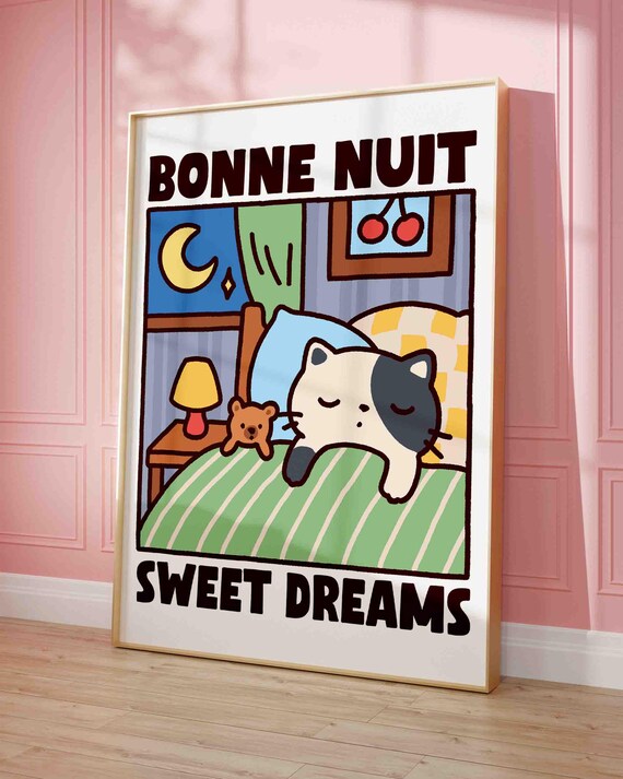 Bonne Nuit Sweet Dreams Kitty Cartoon Bedroom Quote Poster Decor