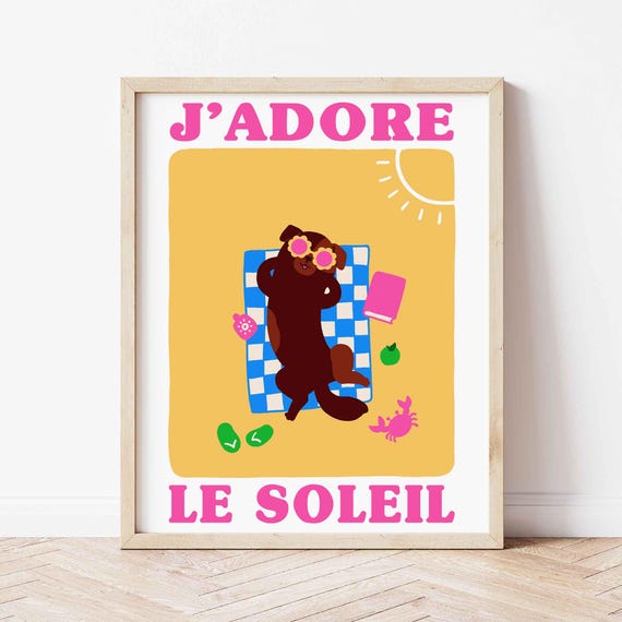 Dog Jadore Le Soleil Print Funny On The Beach Poster Funky Wall Art Cute Puppy Coastal Gallery Summer