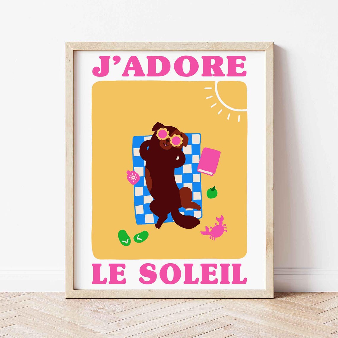 Funny Dachshund Jadore le Soleil Pink Beach Summer Art Poster