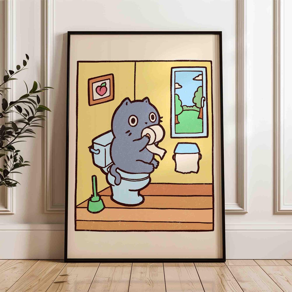 Funny Grey Cat On The Toilet Bathroom Poster In Sleek Black Frame