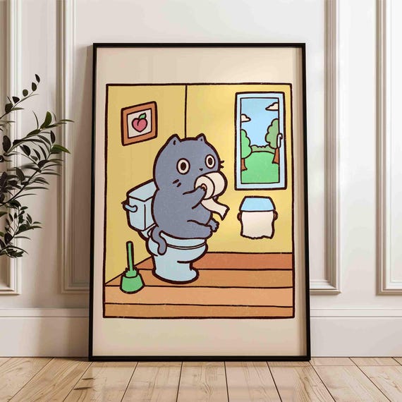 Grey Cat On The Toilet Poster Minimalism Retro Japandi Print Lovers Gift Japanese Style Funny Kitten Restroom Wall Art