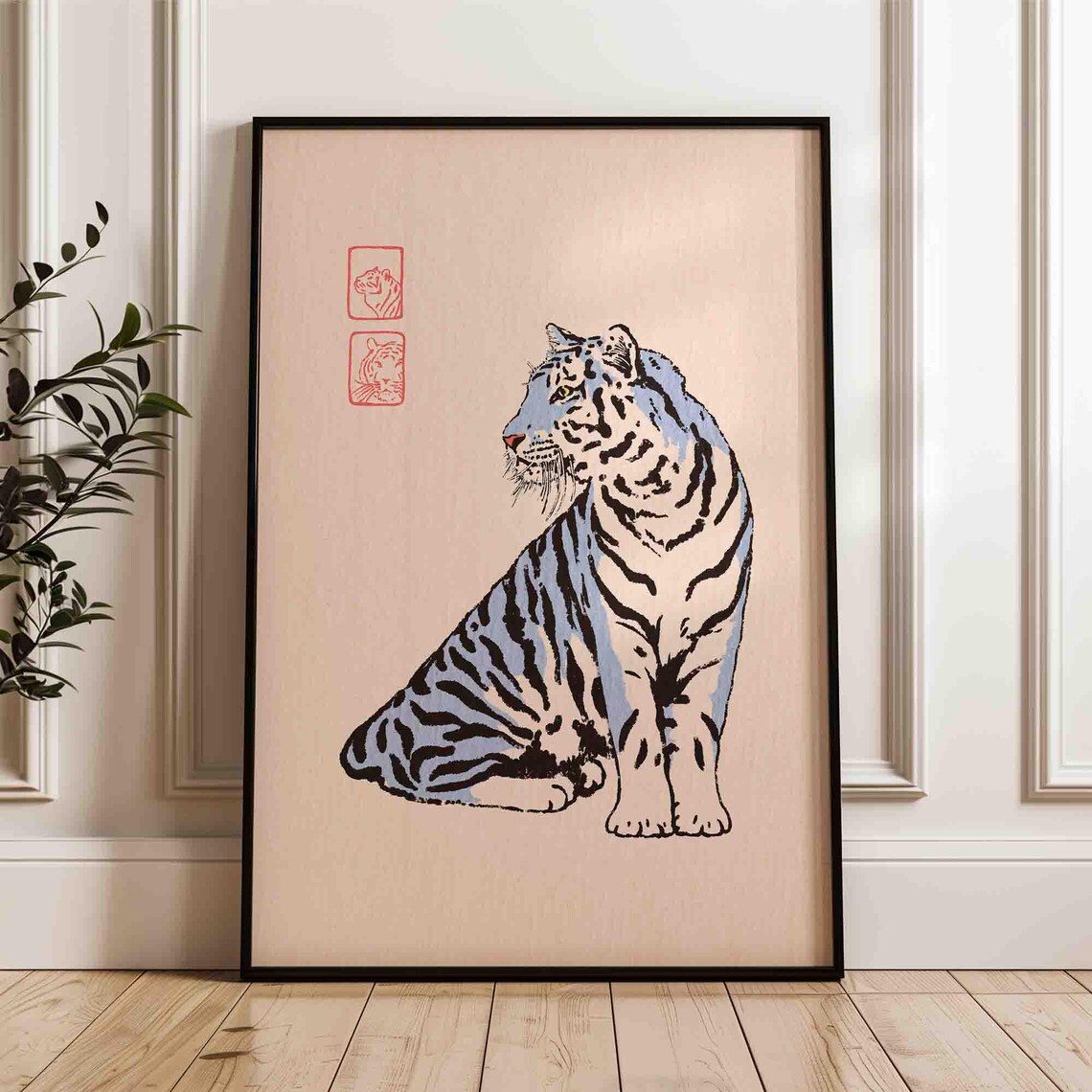 Blue Sitting Tiger Profile Japanese Vintage Style Animal Poster
