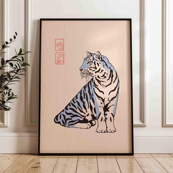 Blue Sitting Tiger Profile Japanese Vintage Style Animal Poster