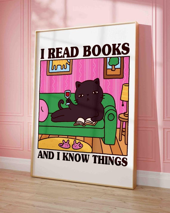Black Cat With A Book And Glass Of Wine Cute Quirky Print Bistro Poster Prints Gift For An Avid Reader Lover Art Funny Kitten
