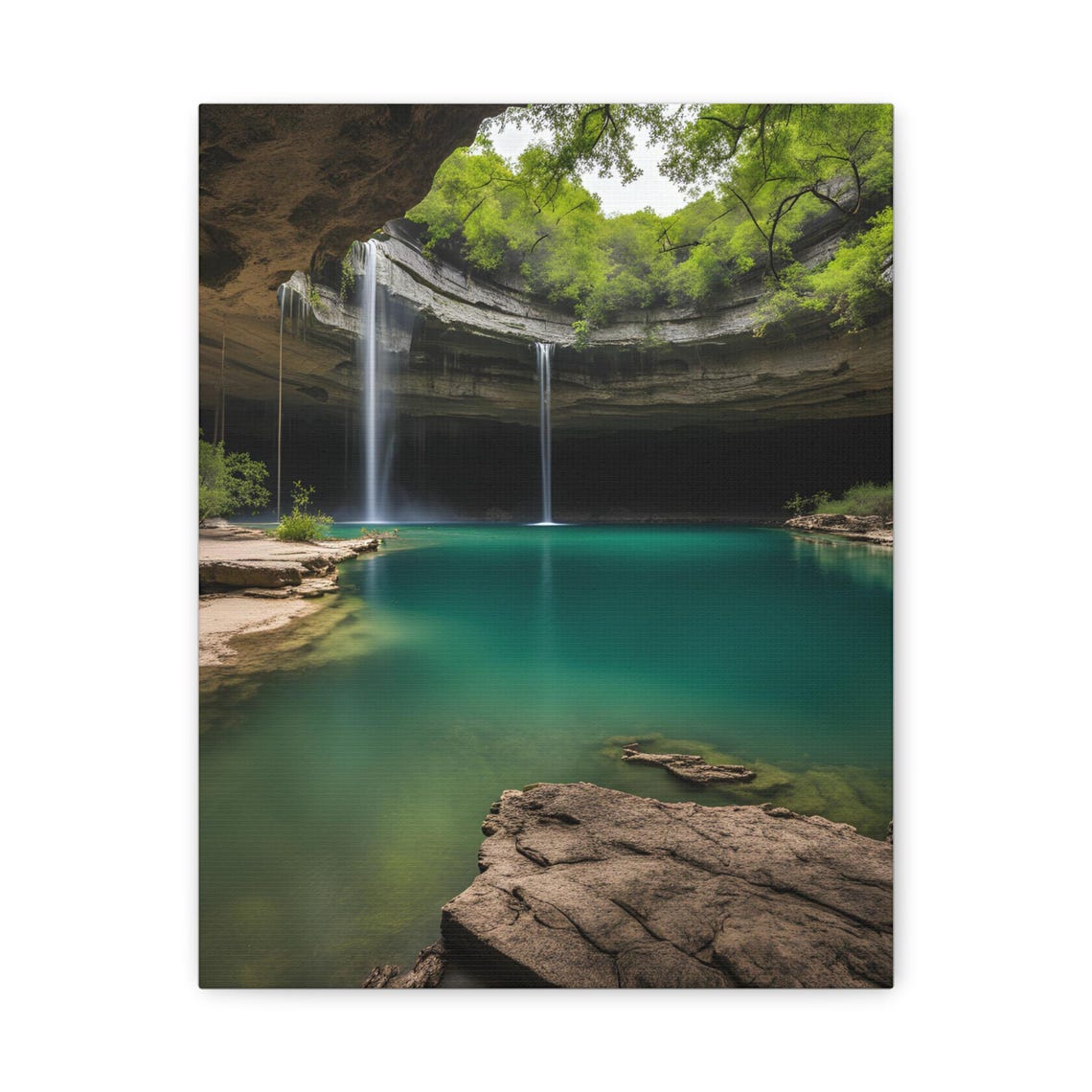 Hidden Cave Waterfall Emerald Pool Lush Tropical Forest Poster
