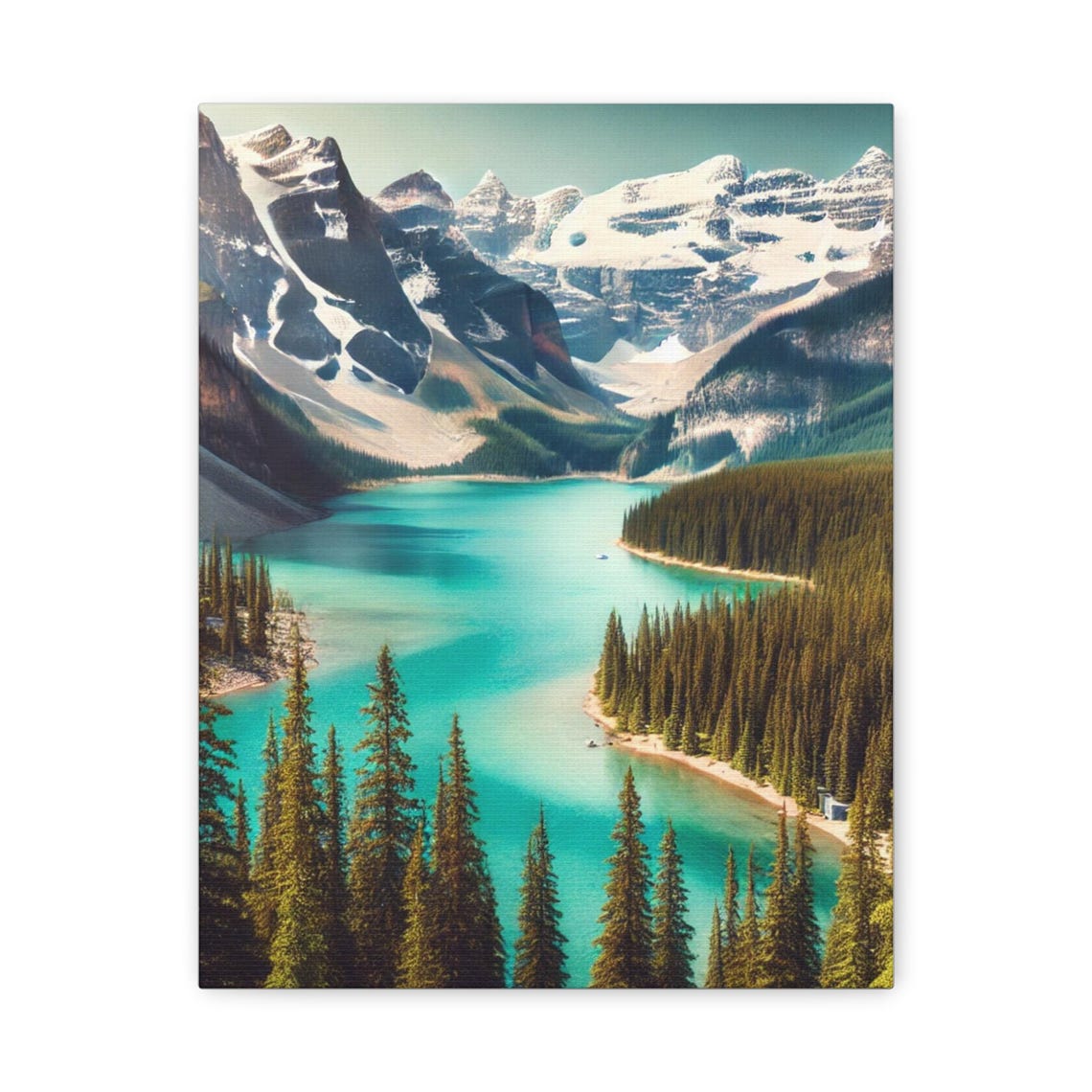 Turquoise Alpine Lake Beneath Snowcapped Peaks Pine Forest Art Poster