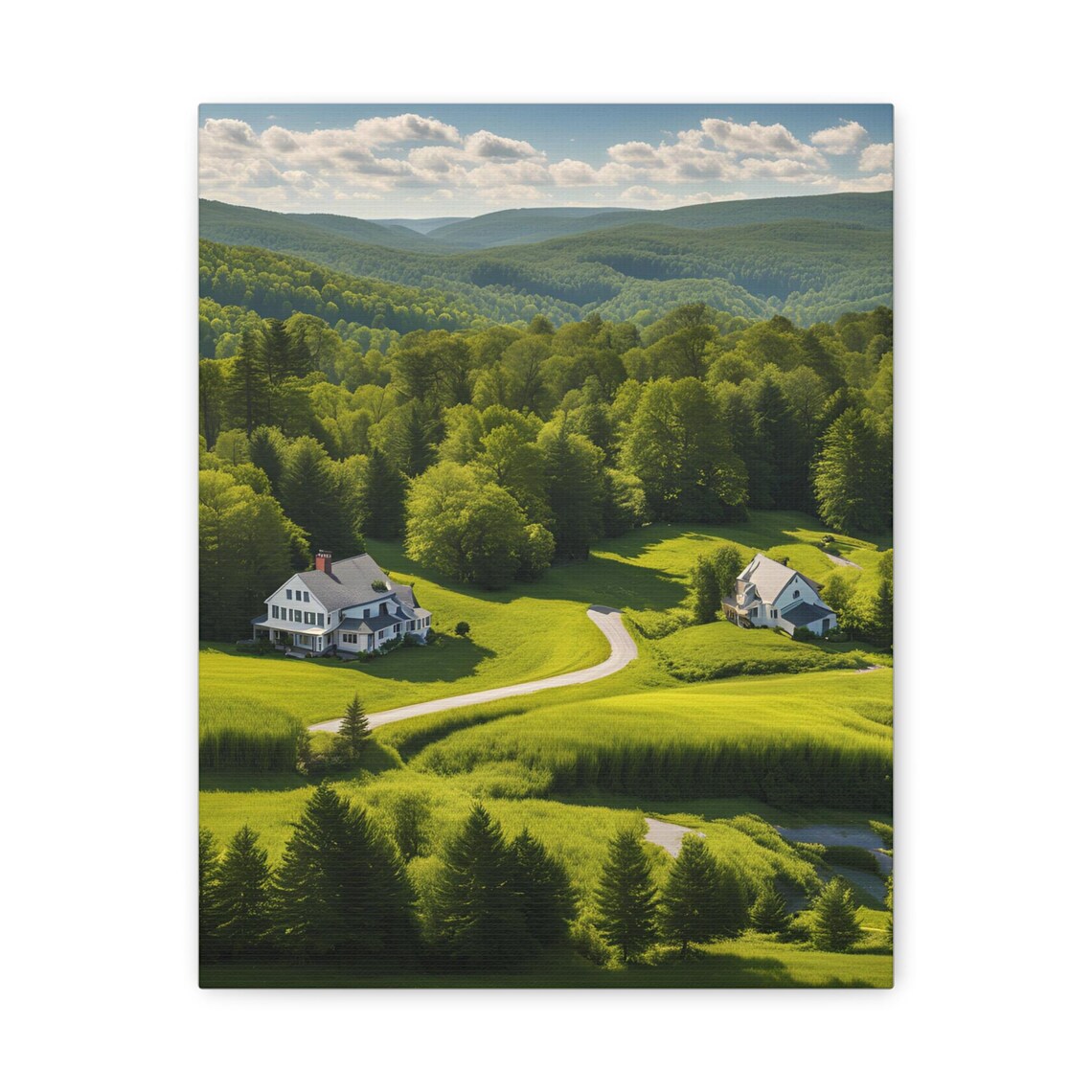 Green Countryside Farmhouses Rolling Hills Landscape Art Poster