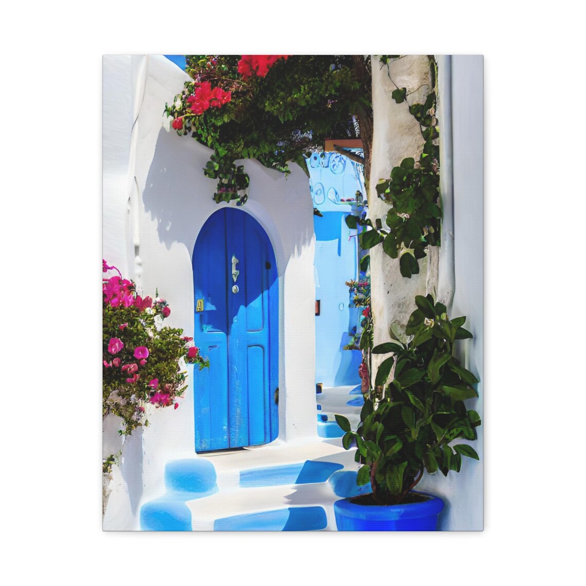 Greek Island Blue Door Whitewashed Alley Bougainvillea Art Poster