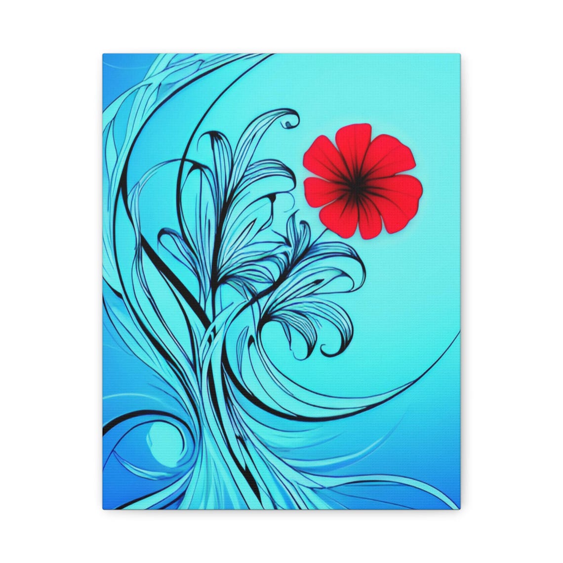Single Red Flower On Bright Blue Swirling Line Art Botanical Poster