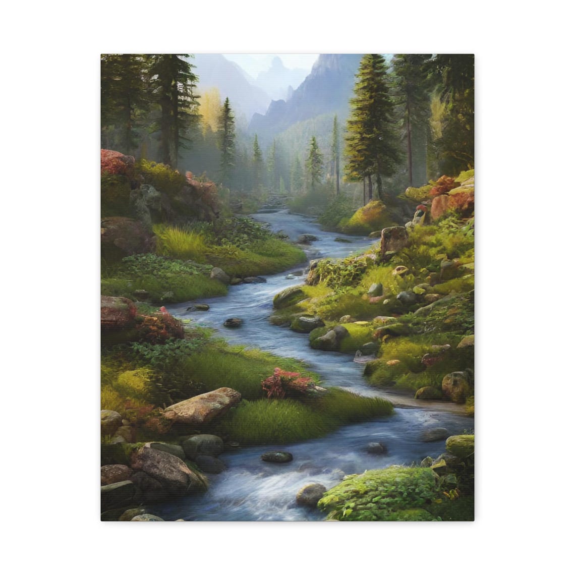 Serene Mountain River Valley With Pines Rocks And Misty Peaks Poster