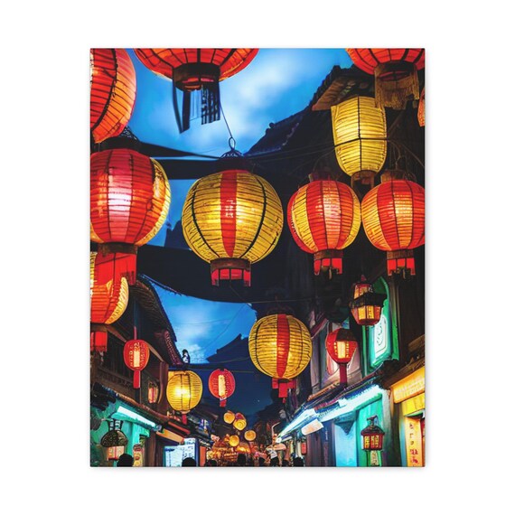 Glowing Red And Gold Lanterns Over Night Market Street Wall Art