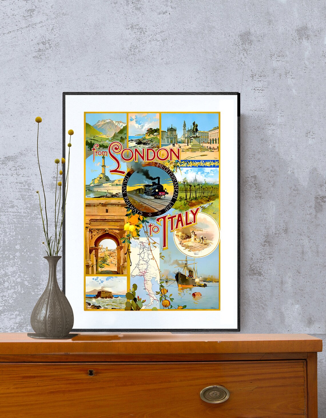 From London to Italy Mediterranean Line Vintage Travel Poster