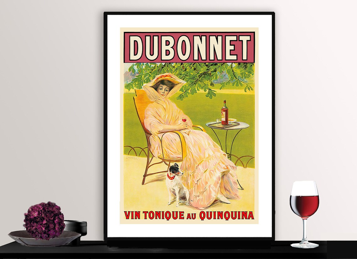 Dubonnet Wine Tonic Vintage French Advertising Poster Woman and Dog