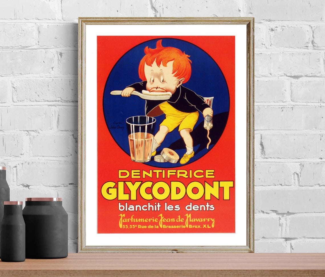 Dentifrice Glycodont Blanchit Les Dents Cartoon Boy French Ad Poster