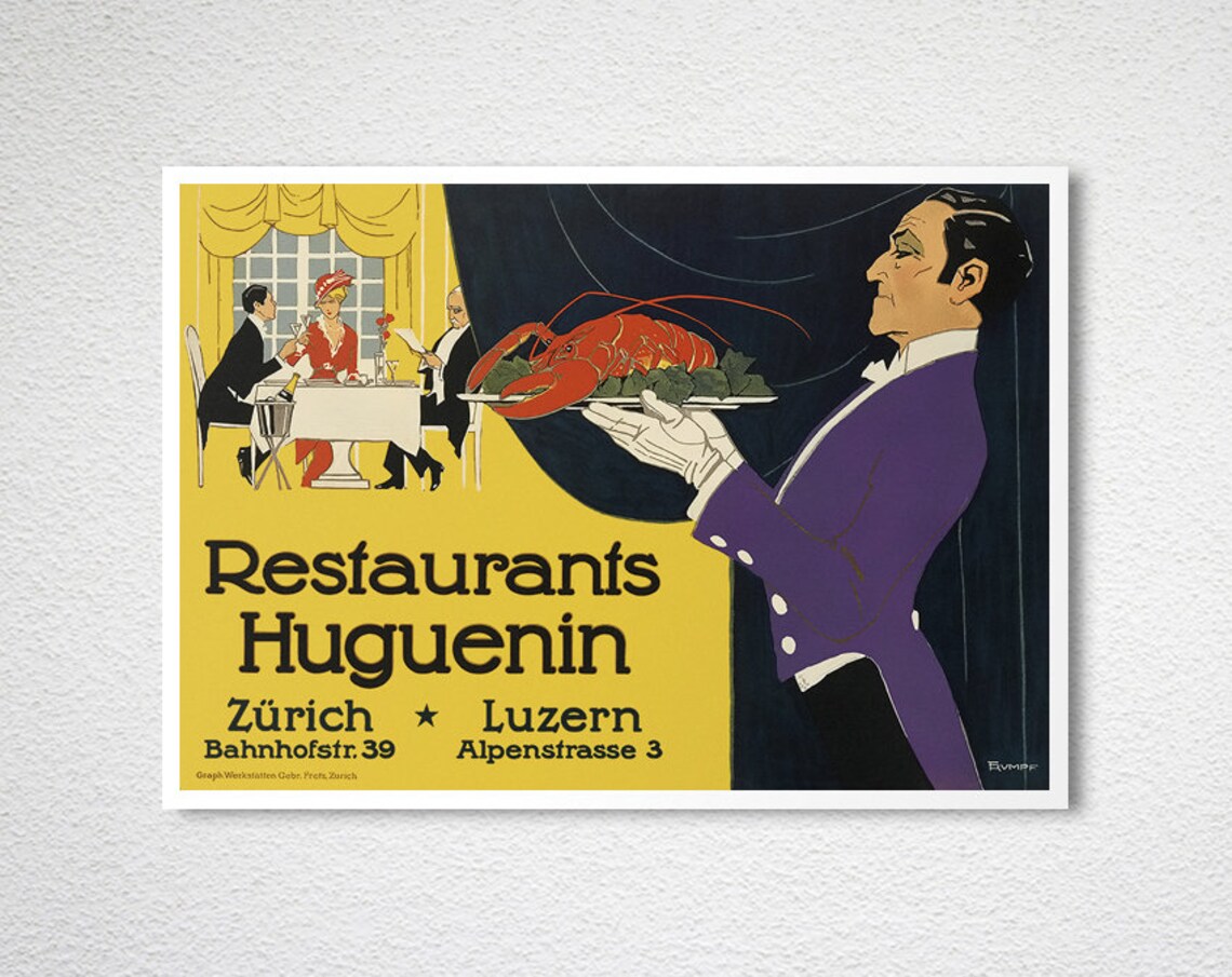 Restaurants Huguenin Zurich Luzern Vintage Swiss Restaurant Poster - Image 2