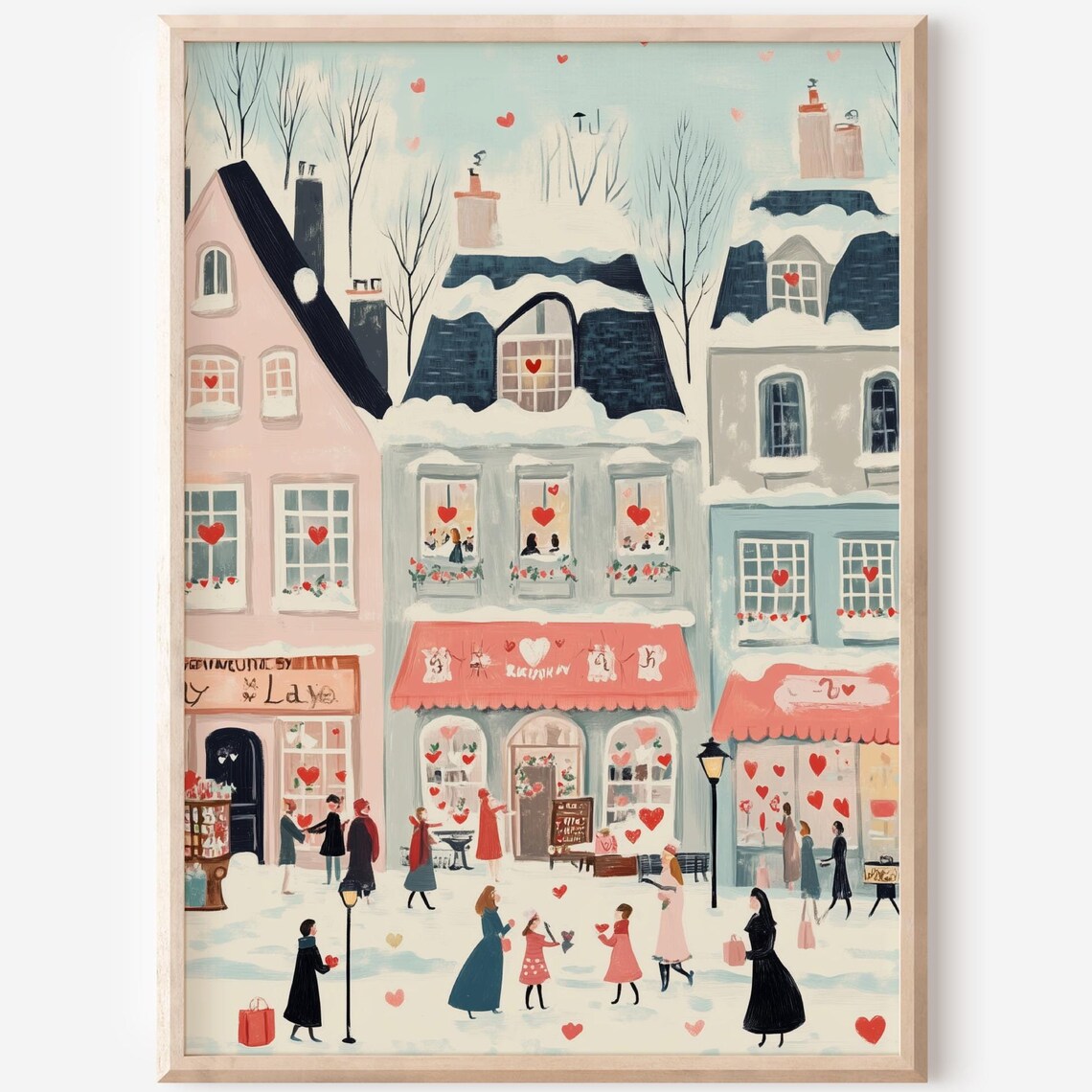 Valentines Day Village Art Print, Cottagecore Scene