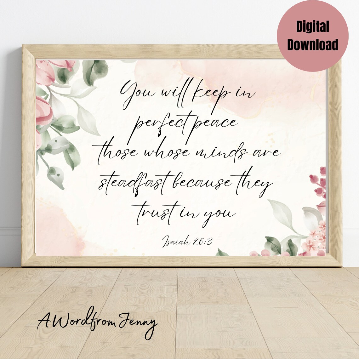Perfect Peace Isaiah 26 3 Scripture Verse Pink Floral Watercolor Poster - Image 3