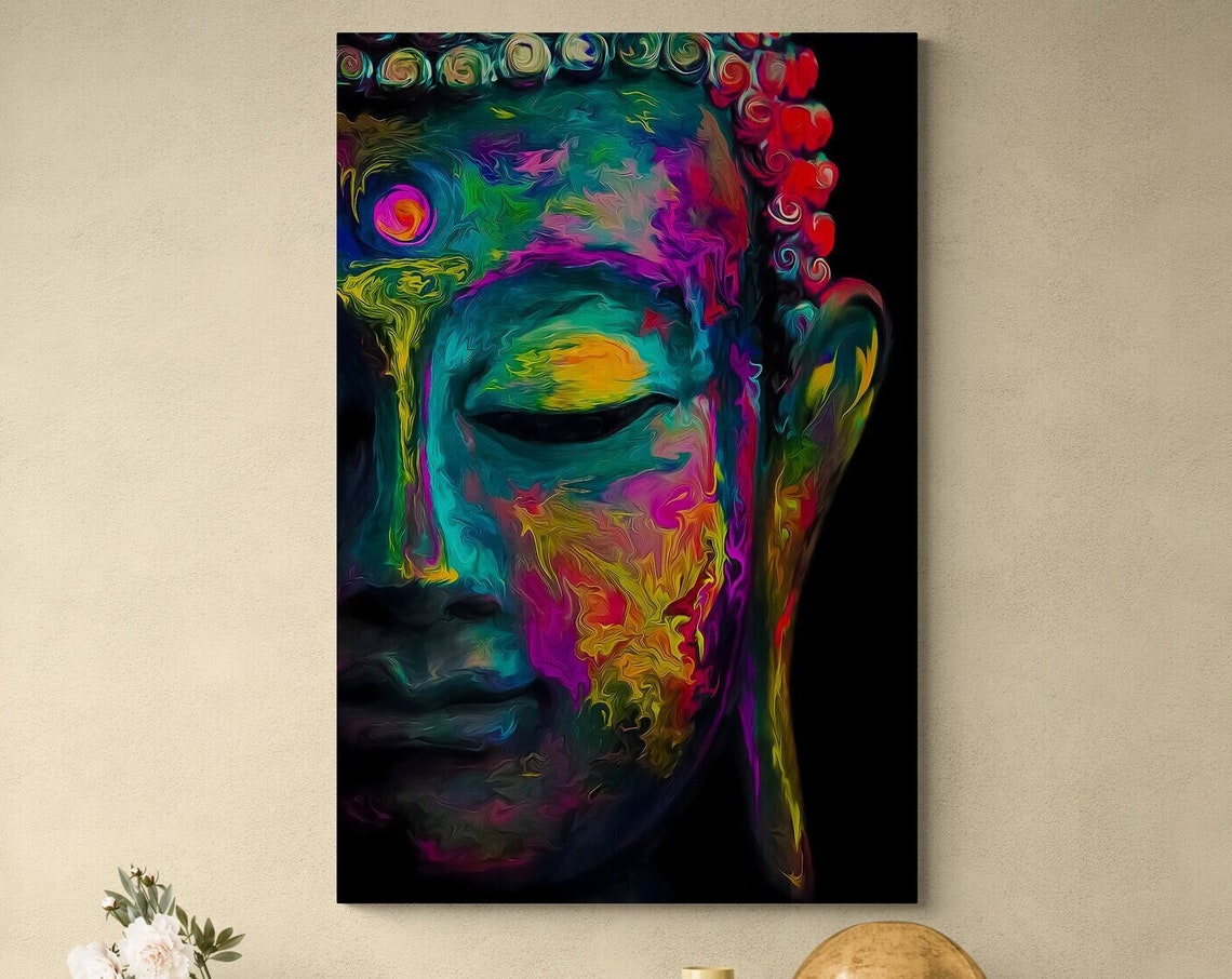 Neon Psychedelic Buddha Face Vibrant Spiritual Pop Art Wall Poster - Image 3
