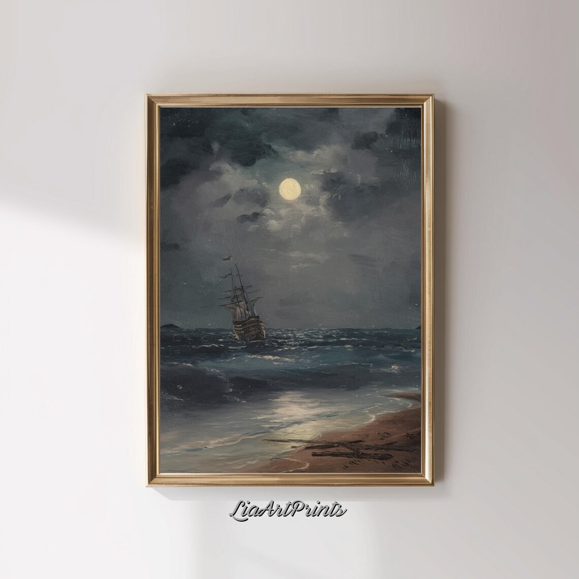 Moonlit Seascape Sailing Ship Vintage Night Ocean Oil Painting Poster - Image 3