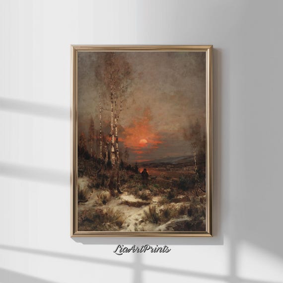 Sunset Landscape Wall Art Moody Nature Scene Print Vintage Evening Artwork For Home Decor