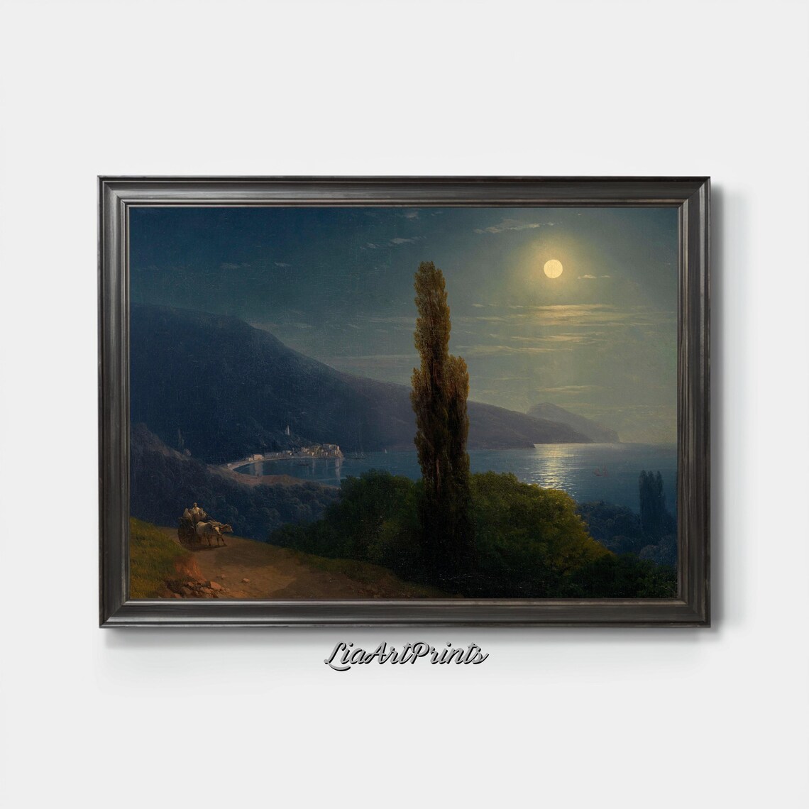 Moonlit Coastal Bay with Cypress Trees and a Night Cart Vintage Print - Image 4