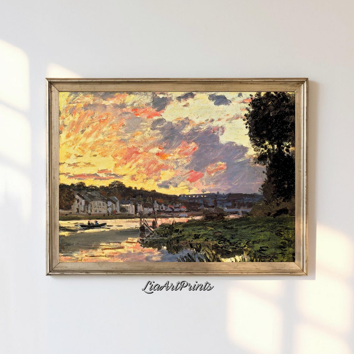 Fiery Sunset River Boats Impressionist Golden Sky Landscape Poster