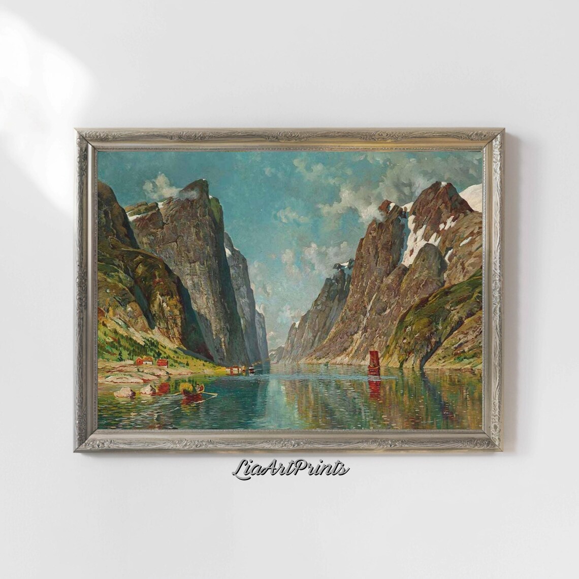 Fjord Steep Cliffs Calm Water Boats Antique Mountain Landscape Poster - Image 4