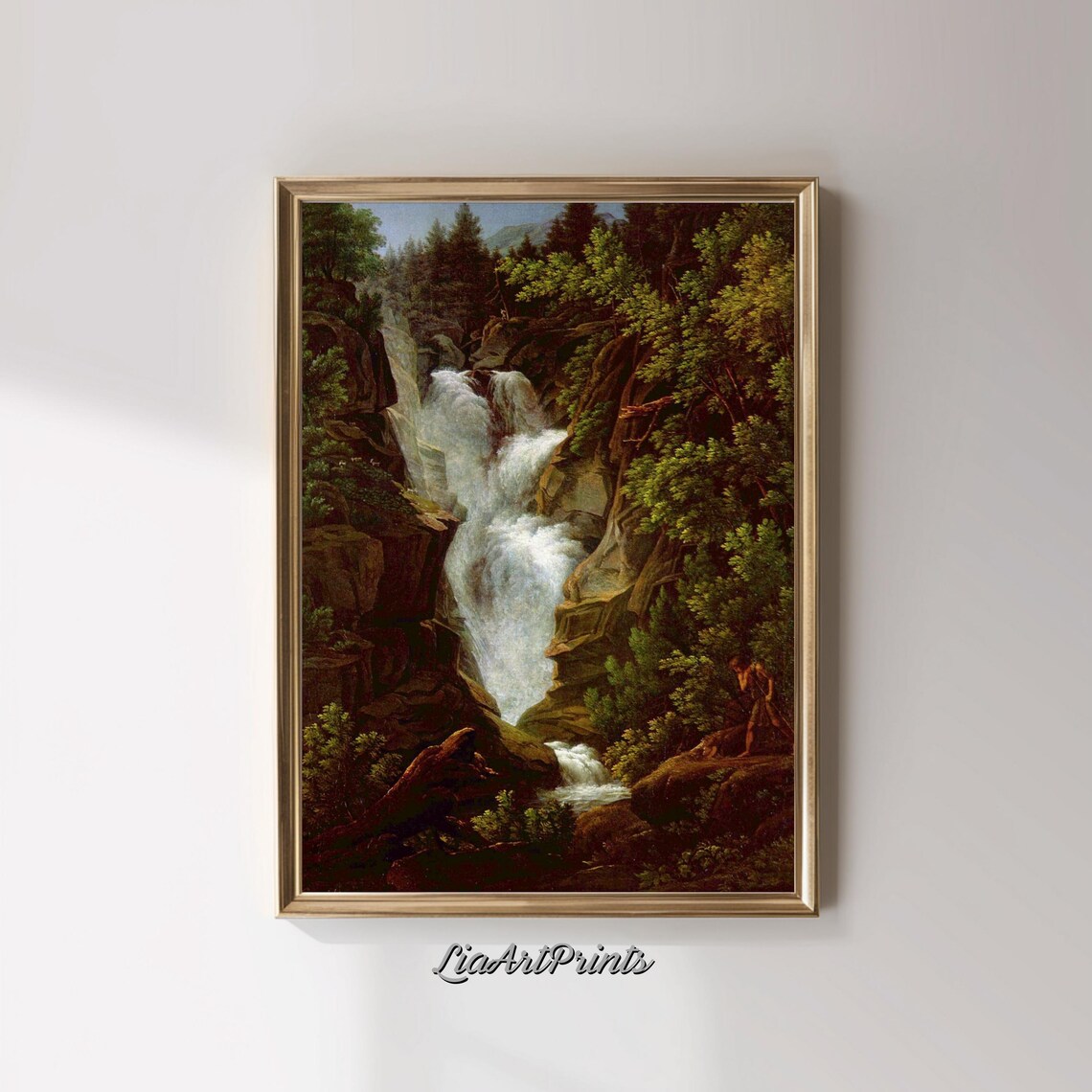Waterfall in Rocky Gorge Vintage Oil Painting with Lush Forest Poster - Image 2