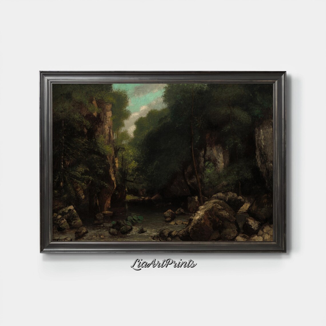 Dark Forest Gorge Rocky Stream Antique Muted Woodland Painting Poster - Image 3