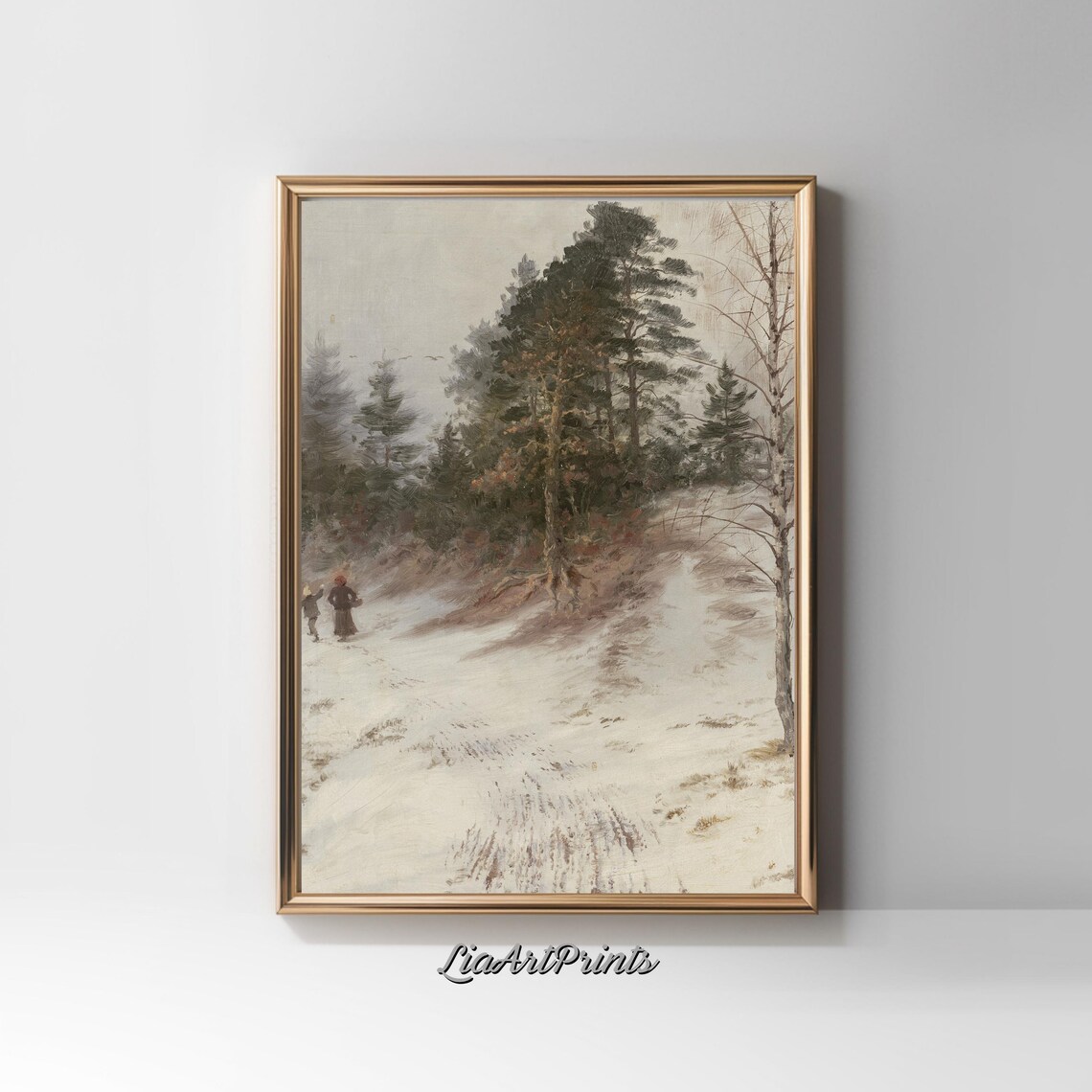 Winter Stroll Through a Snowy Forest with Two Figures Vintage Snow Print - Image 2