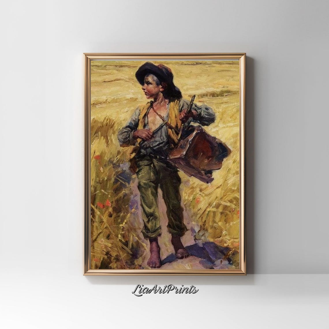 Rustic Farm Boy Carrying a Basket Through a Wheat Field Vintage Print - Image 5
