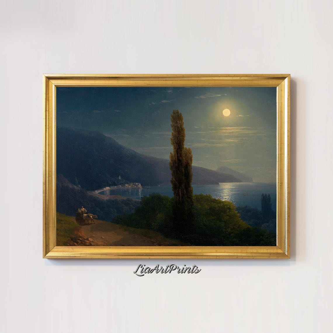 Moonlit Coastal Bay with Cypress Trees and a Night Cart Vintage Print - Image 3