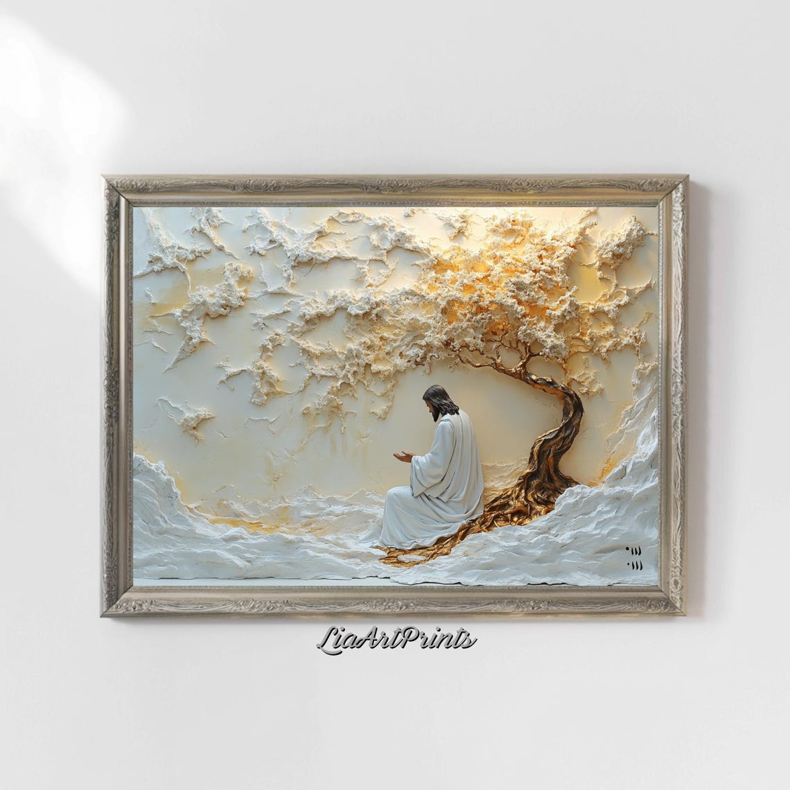 Jesus Praying Under Golden Tree Textured 3D Religious Painting Poster - Image 4