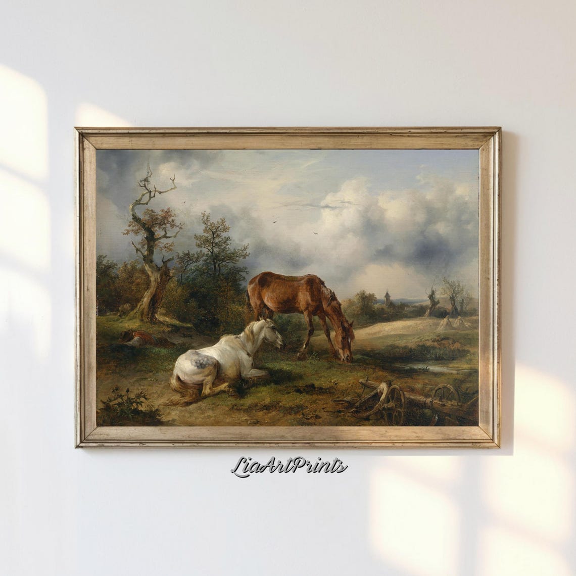 Two Horses Resting in a Pastoral Meadow Vintage Equestrian Poster