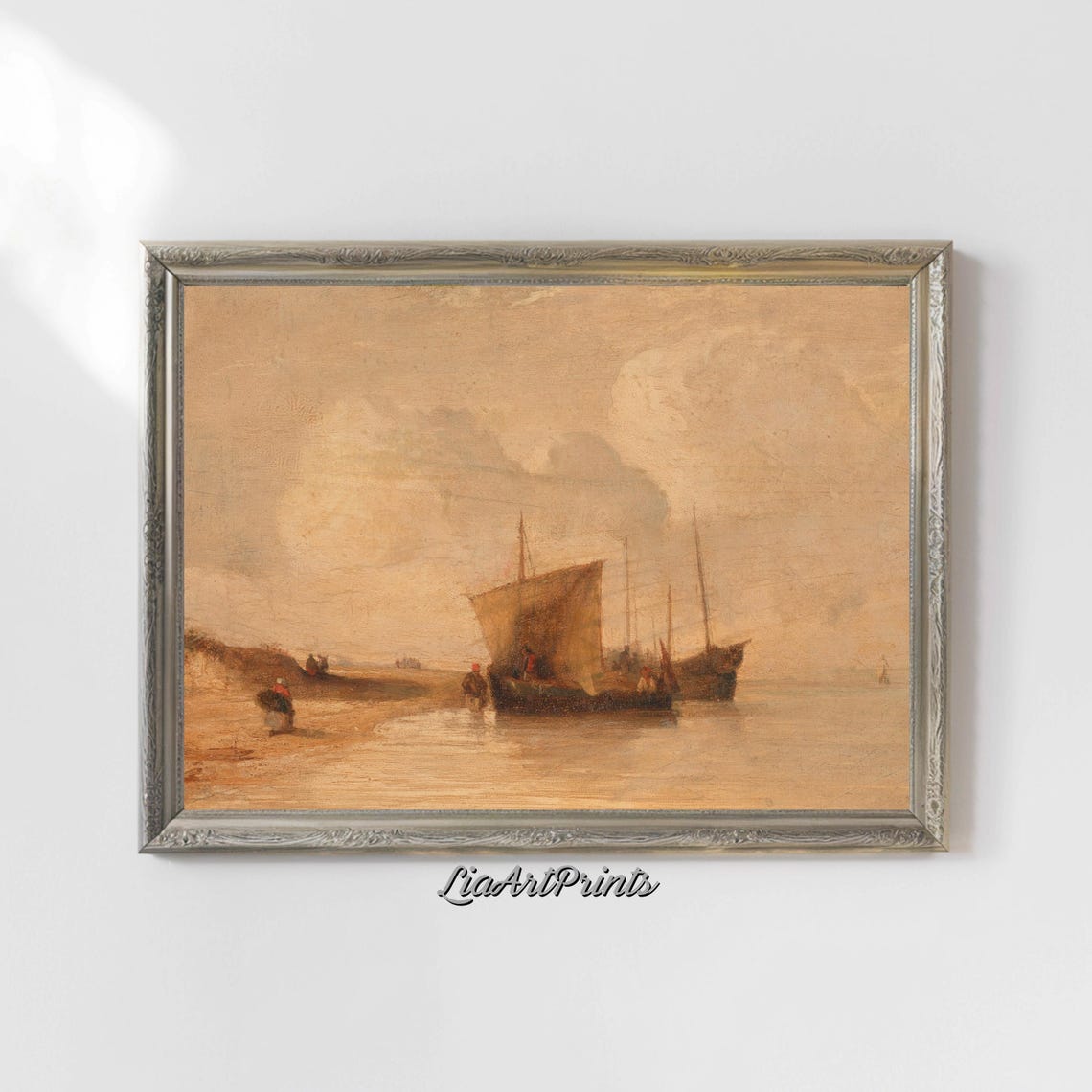 Golden Coastal Scene Beached Sailboat with Figures Warm Vintage Poster - Image 4