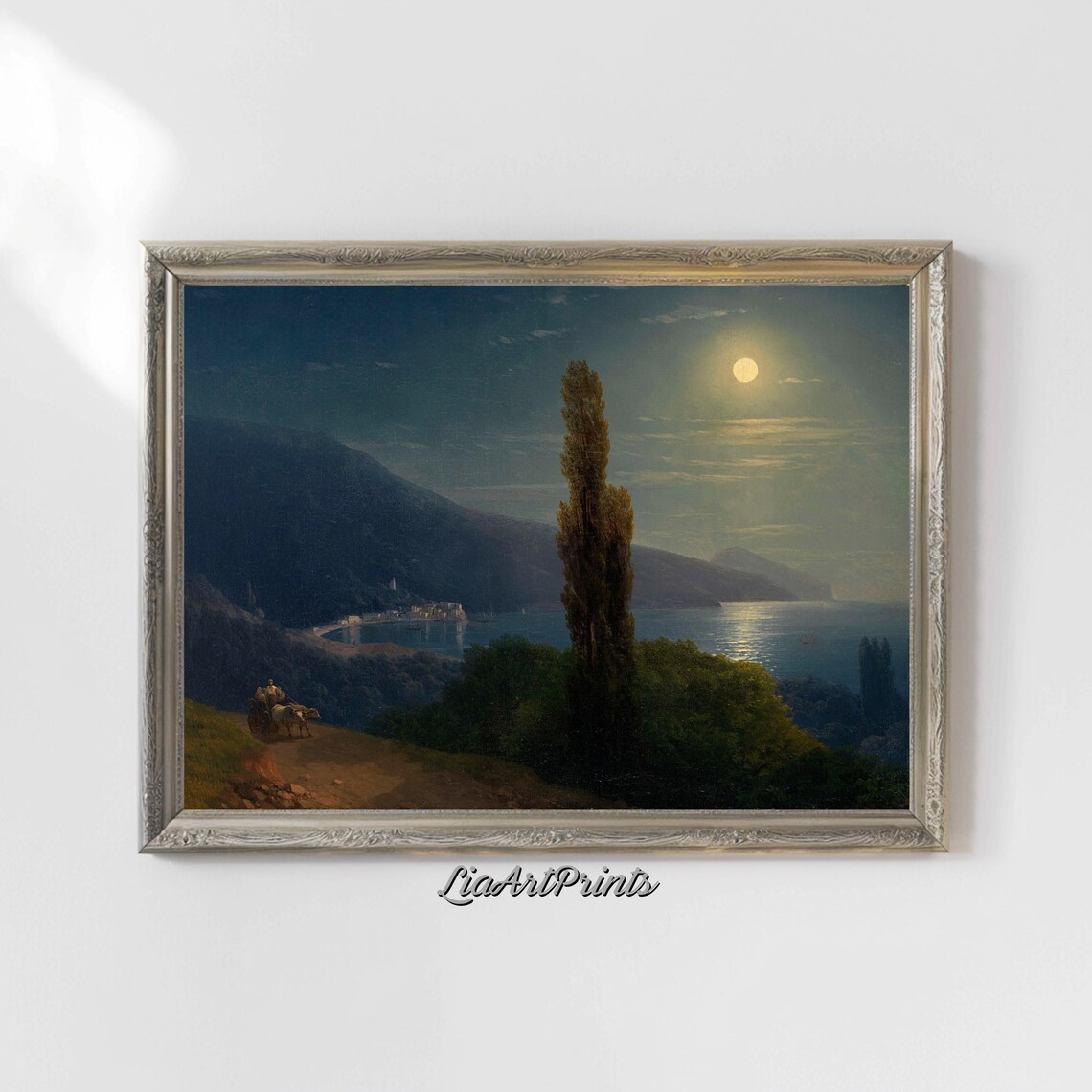 Moonlit Coastal Bay with Cypress Trees and a Night Cart Vintage Print - Image 5