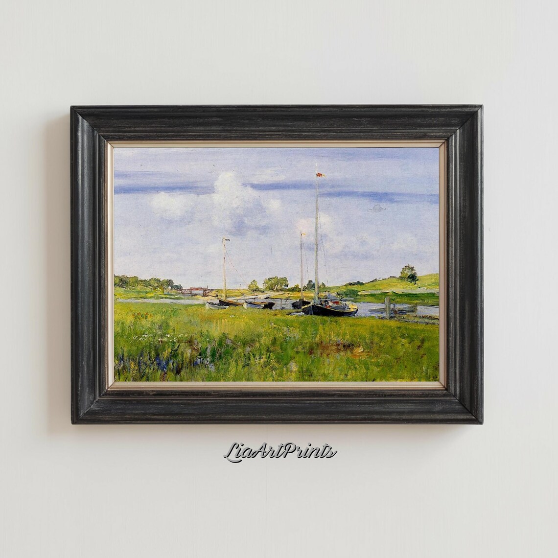 Impressionist Sailboats Resting on a Sunny Grassy Meadow Shore Poster - Image 3