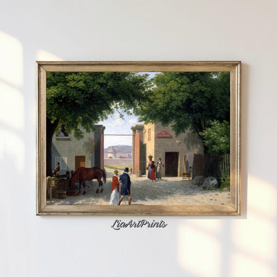Vintage Village Scene Wall Art Rustic Courtyard Painting Print Classic Nature And Architecture Decor Artwork For Home