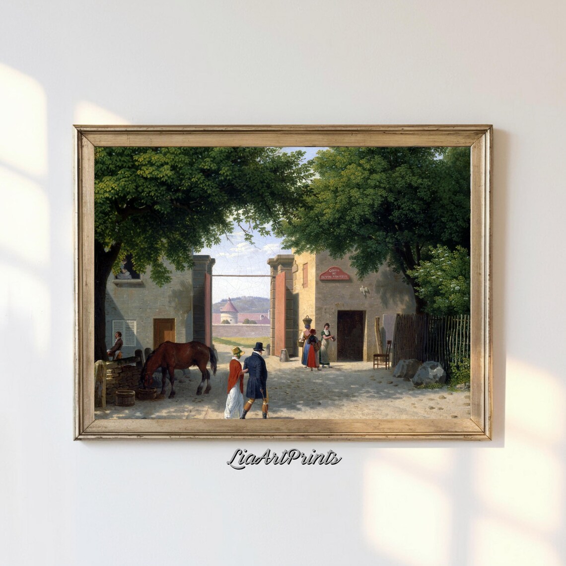 Rustic Village Courtyard with Inn Horse and Travelers Poster