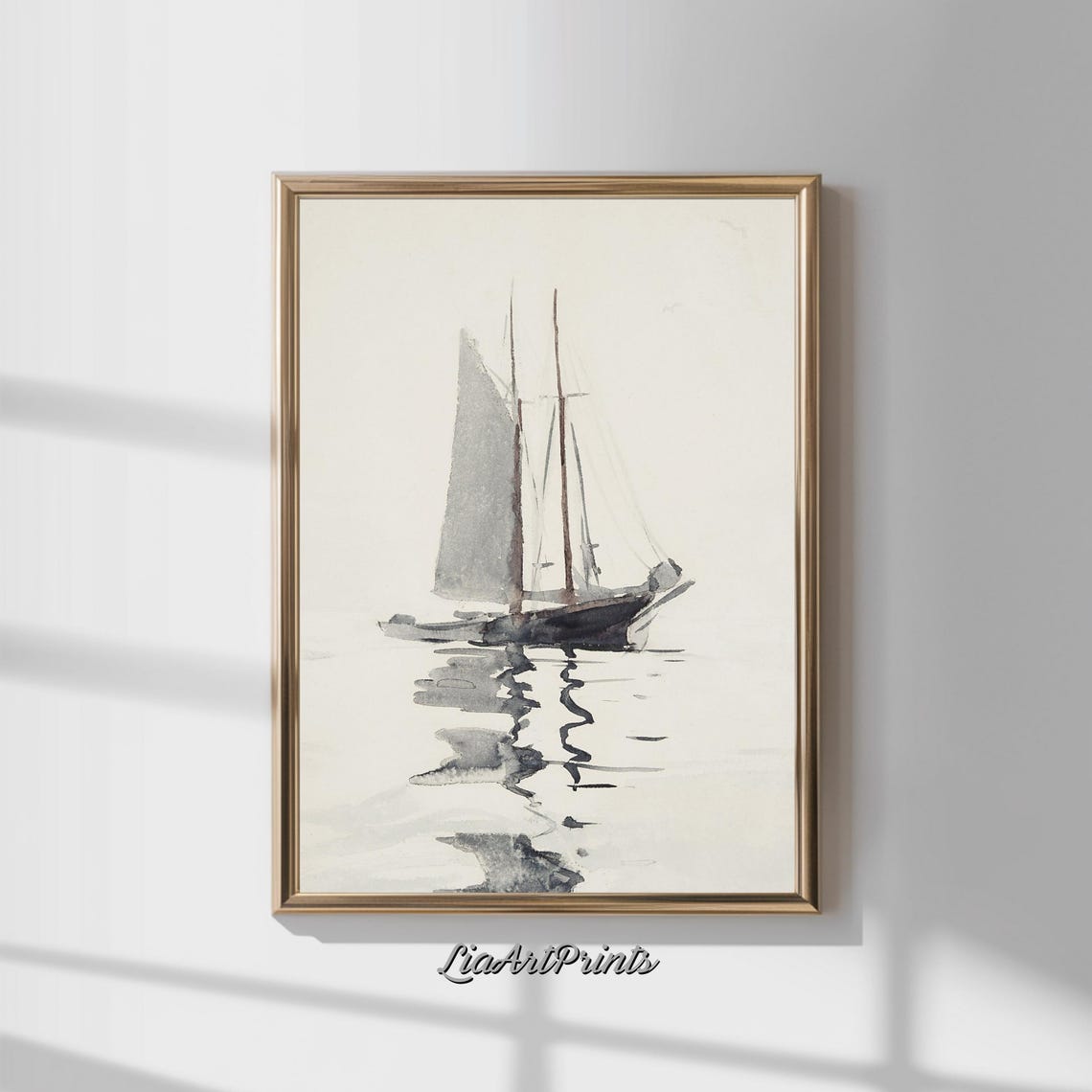 Minimalist Watercolor Sailboat on Calm Water with Reflection Poster