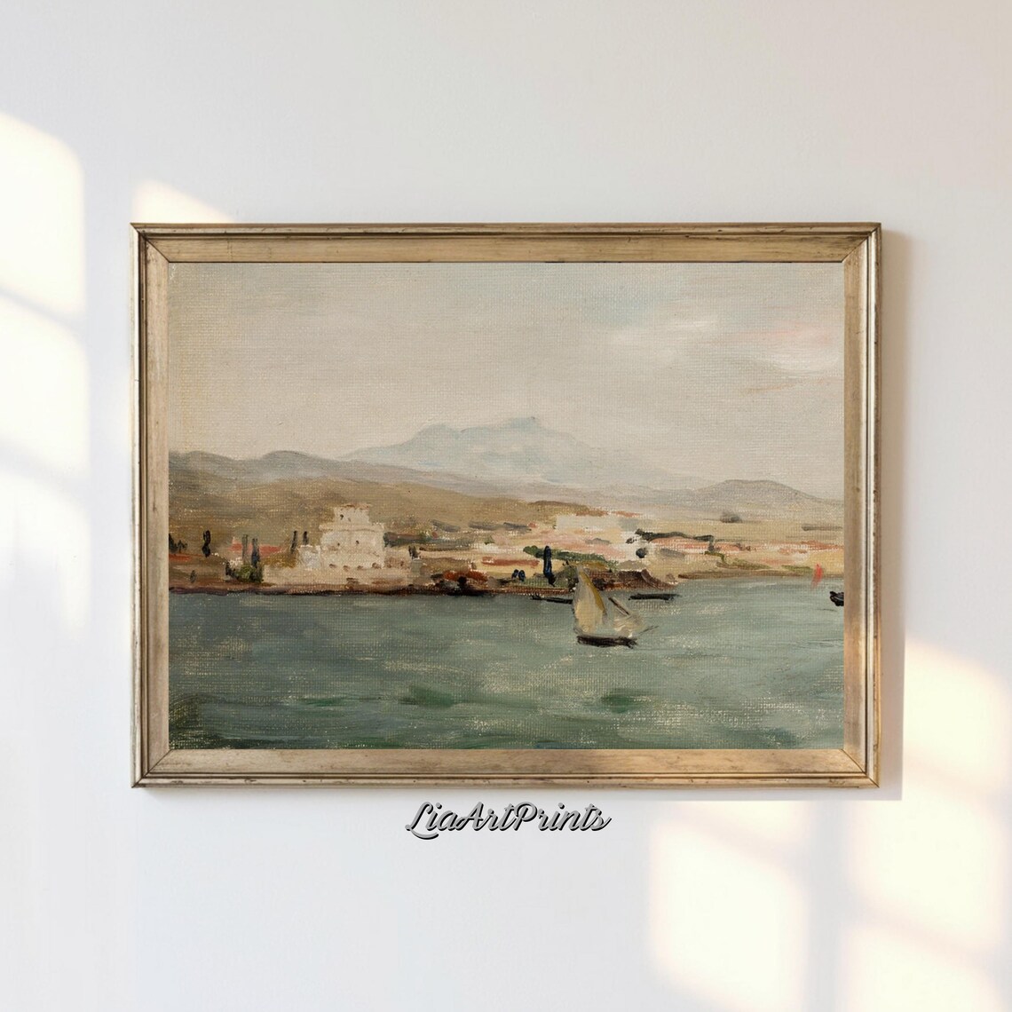 Serene Coastal Harbor Sailboat and Seaside Town Muted Vintage Poster