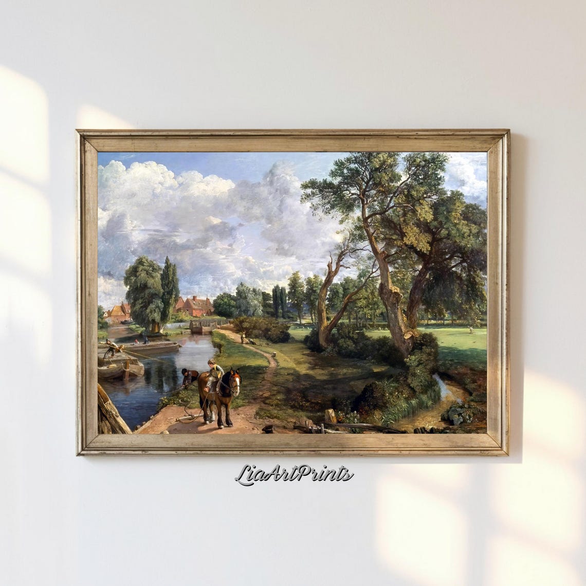 Horse and Rider by the River with Barges Vintage Landscape Poster
