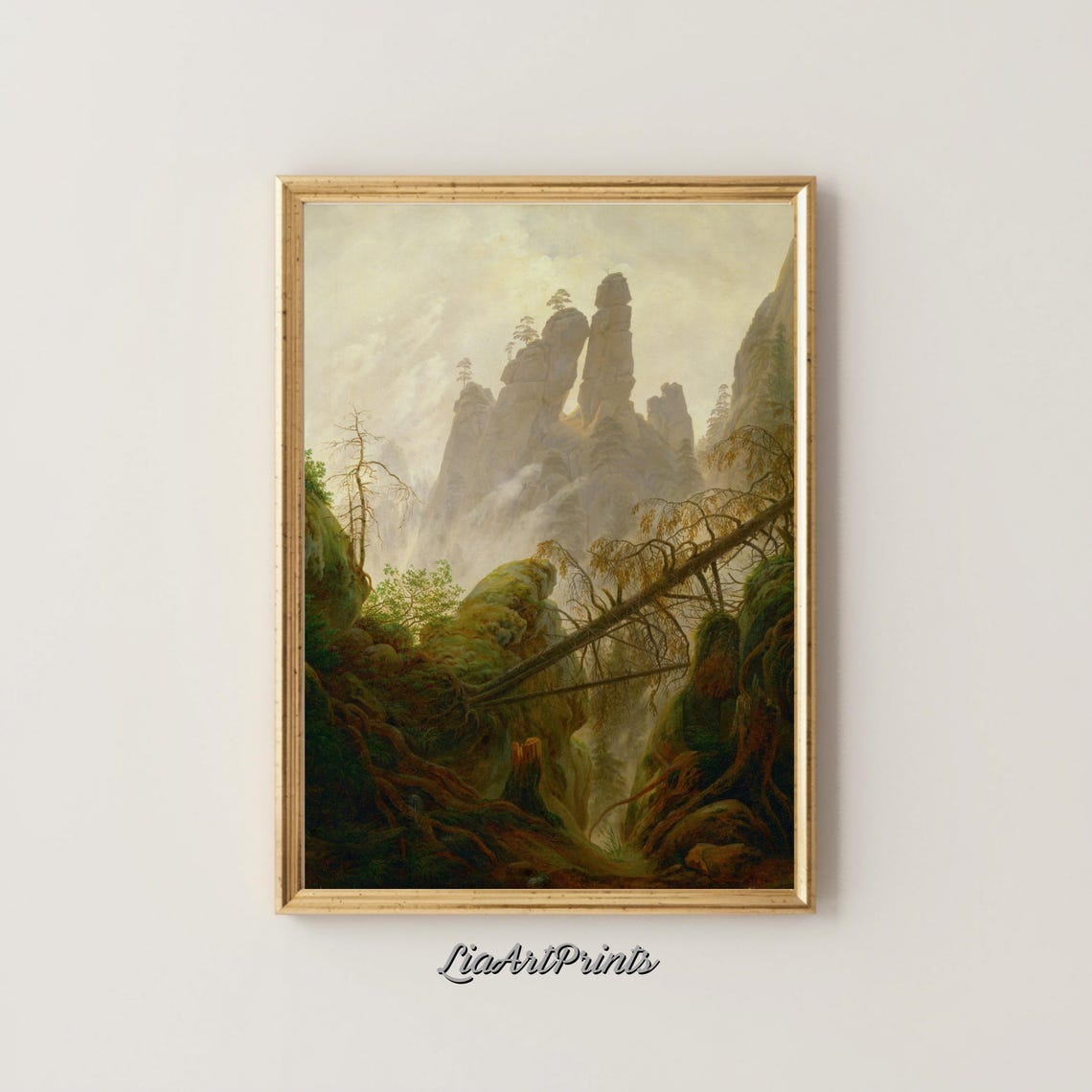 Misty Forest Bridge Wall Art Mountain Landscape Rustic Nature Decor For Living Room Neutral Earth Tones Art Work - Image 4