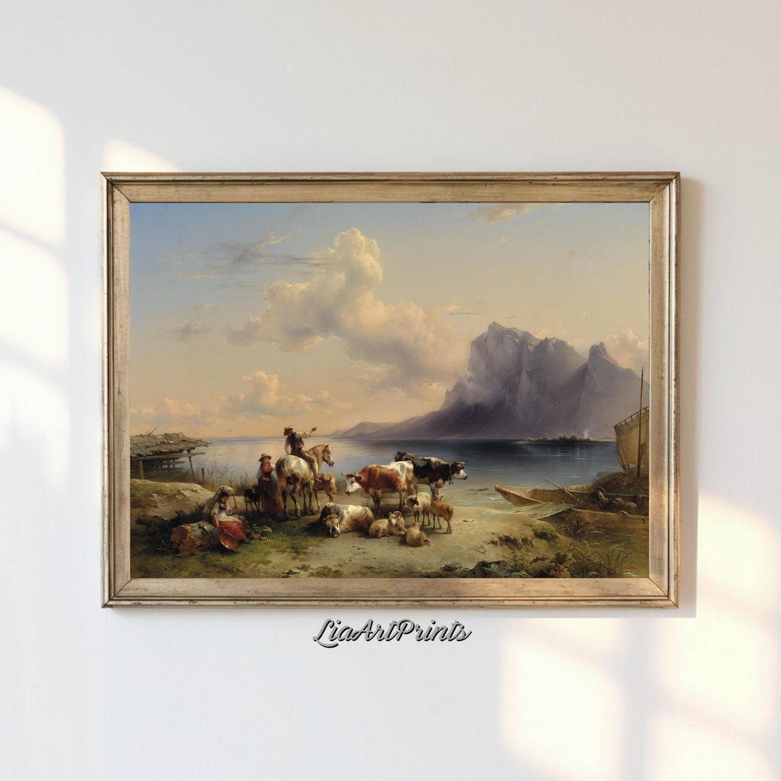 Herders with Cattle and Sheep by a Mountain Lake Shore Poster
